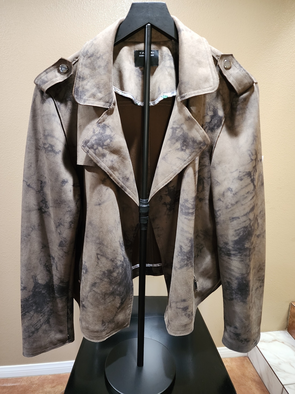 Taupe Marble-Effect Suede Moto Jacket
